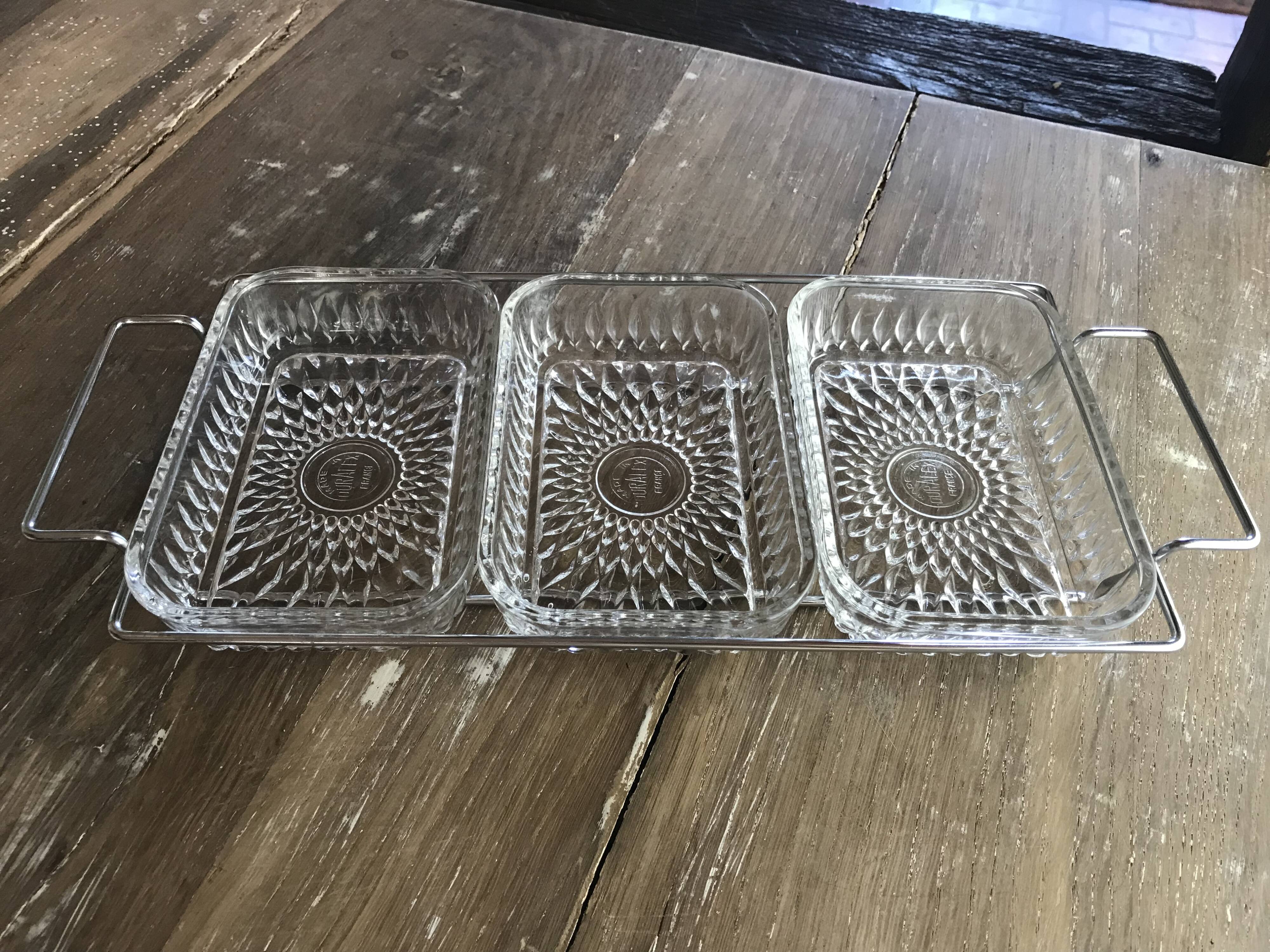 Duralex aperitif dish in glass and chrome support