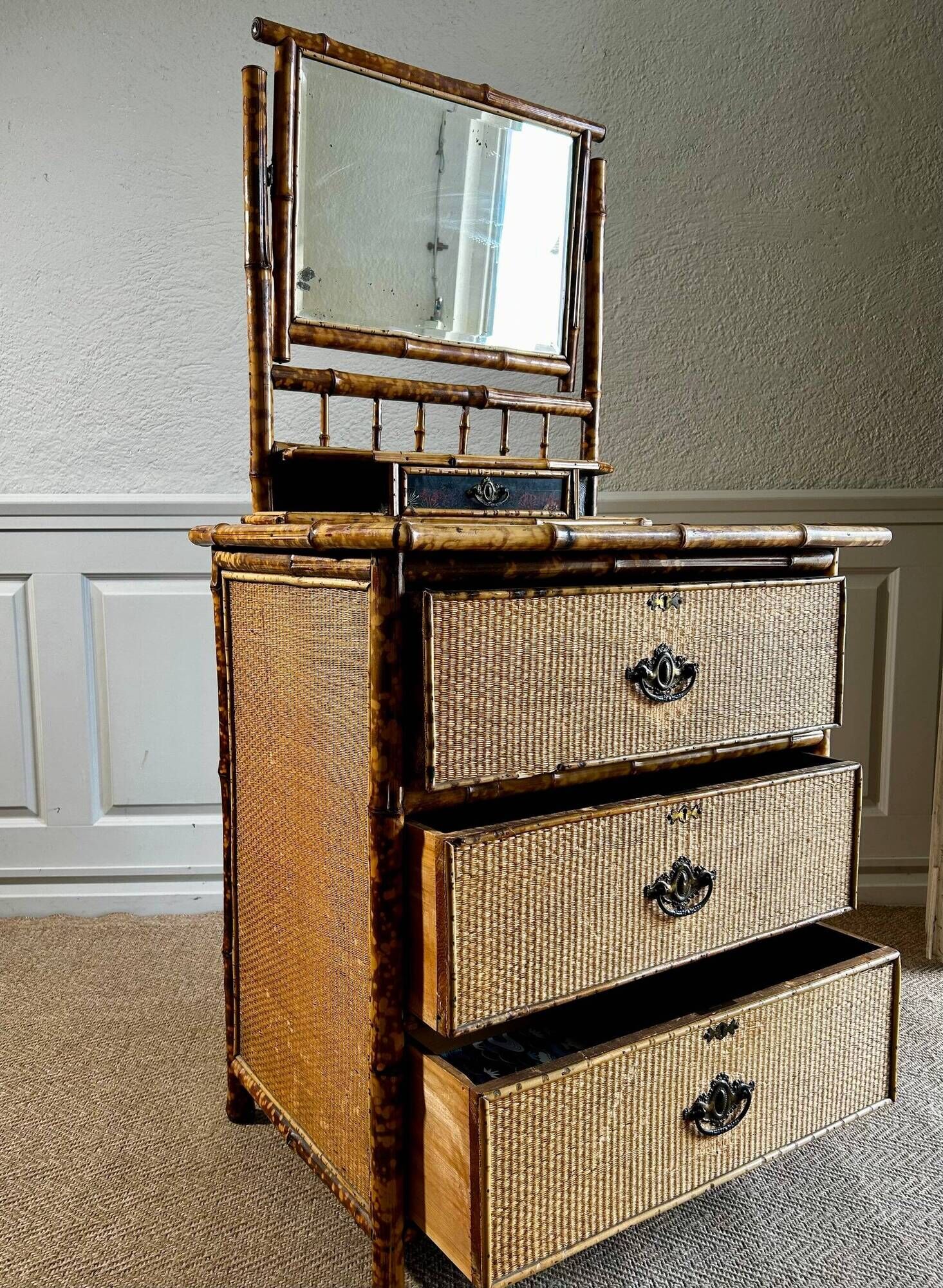 Victorian tiger bamboo, cane & chinoiserie dressing table with drawers, England 1880s, aesthetic movement
