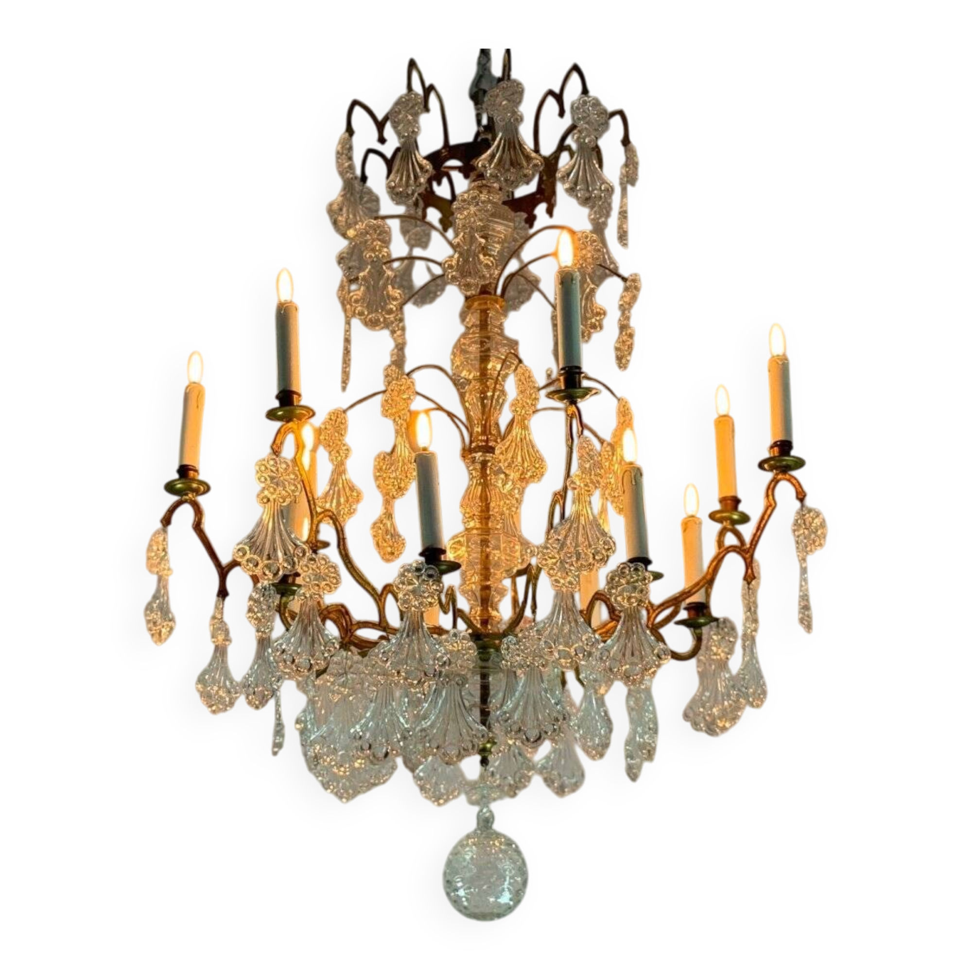 Gilt bronze cage chandelier decorated with glass pendants in the shape of peacock feathers circa 1800