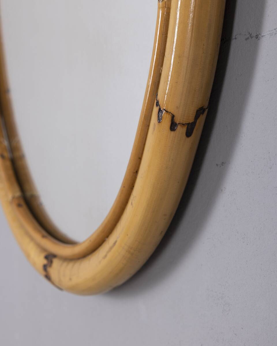 Vintage 1960s Italian design oval bamboo wall mirror