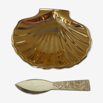 Beurrier formant coquille St Jacques en porcelaine dorée dans écrin-Vintage