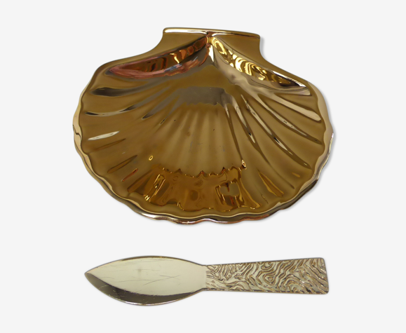 Beurrier formant coquille St Jacques en porcelaine dorée dans écrin-Vintage