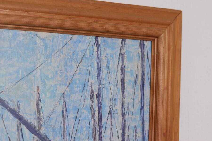 Original Swedish oil on panel – “Moored Boats” by Olle Anderson – vintage & framed – 44 × 51 cm