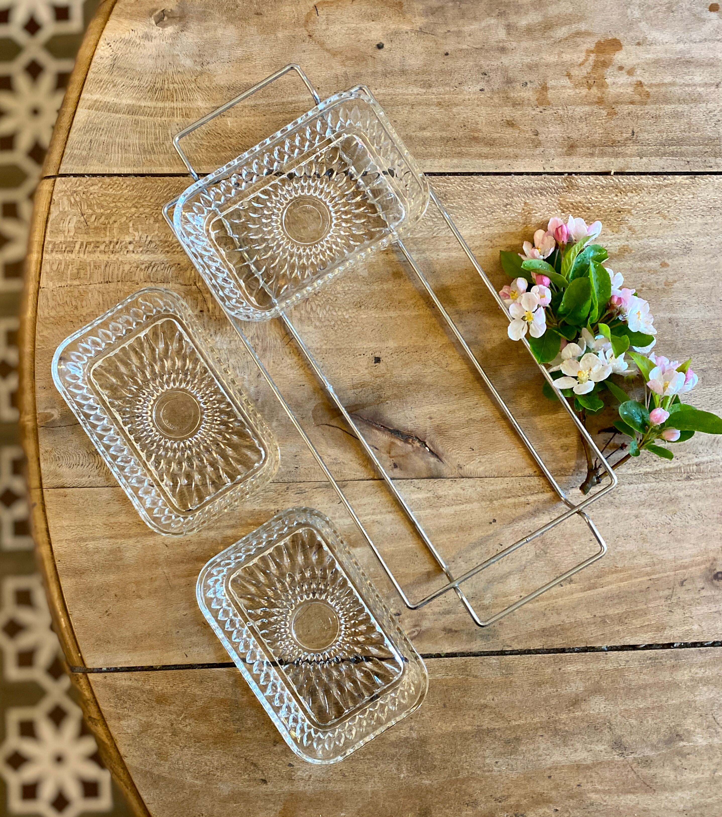 Duralex vintage glass and silver metal tray/servant