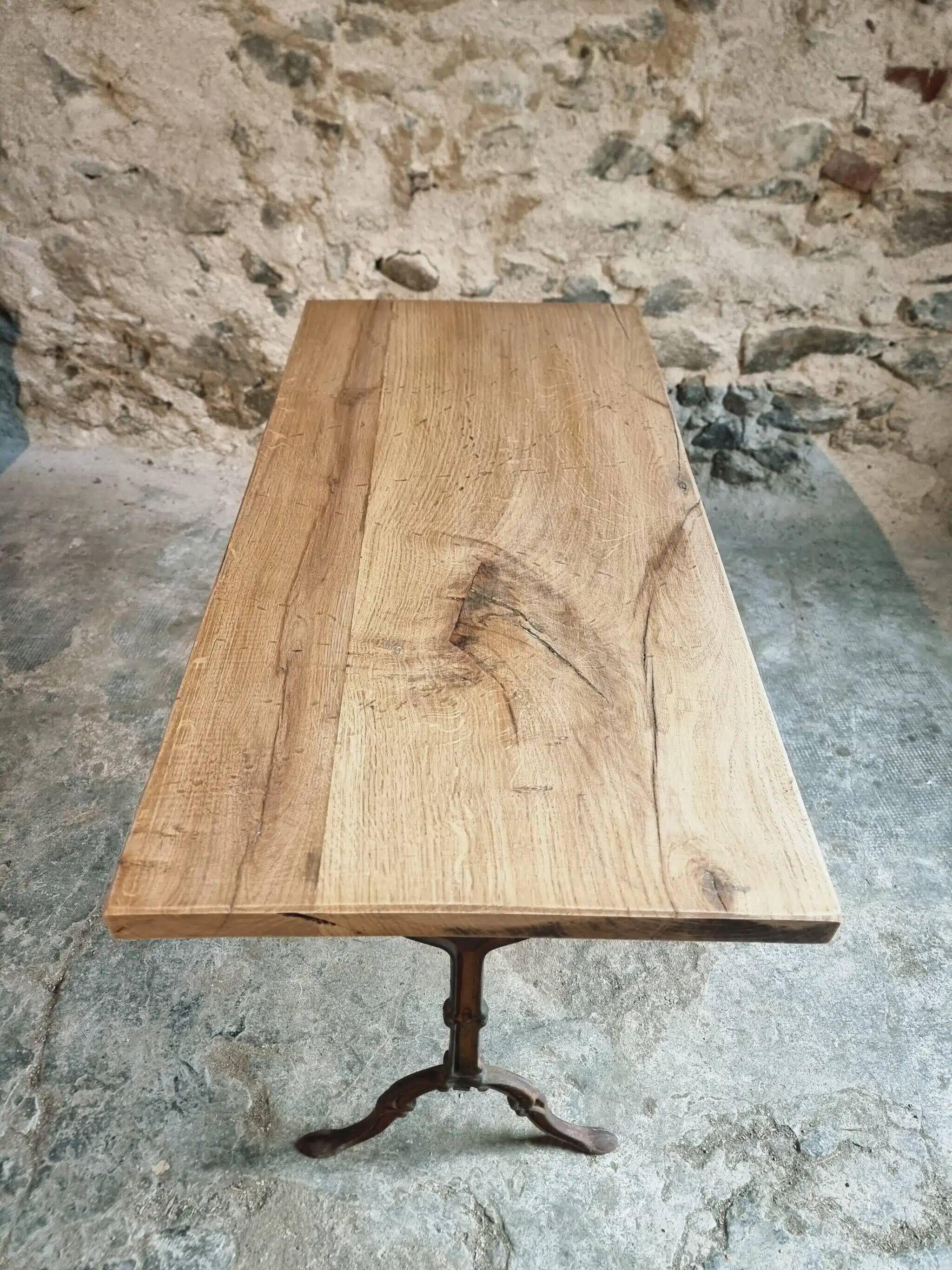 Vintage French bistro table - 1960s/70s cast iron base with solid oak top - retro coffee or wine table