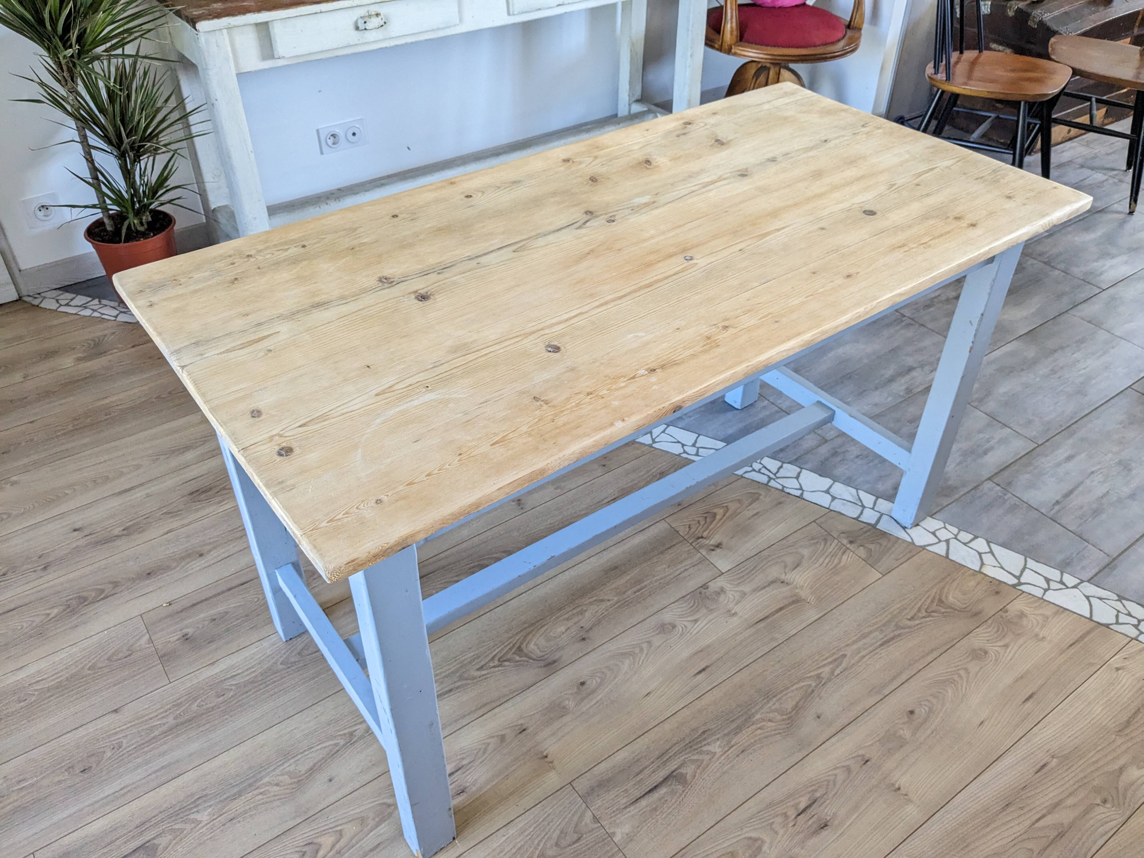 Sky blue and light wood farm table early 20th century 138 cm