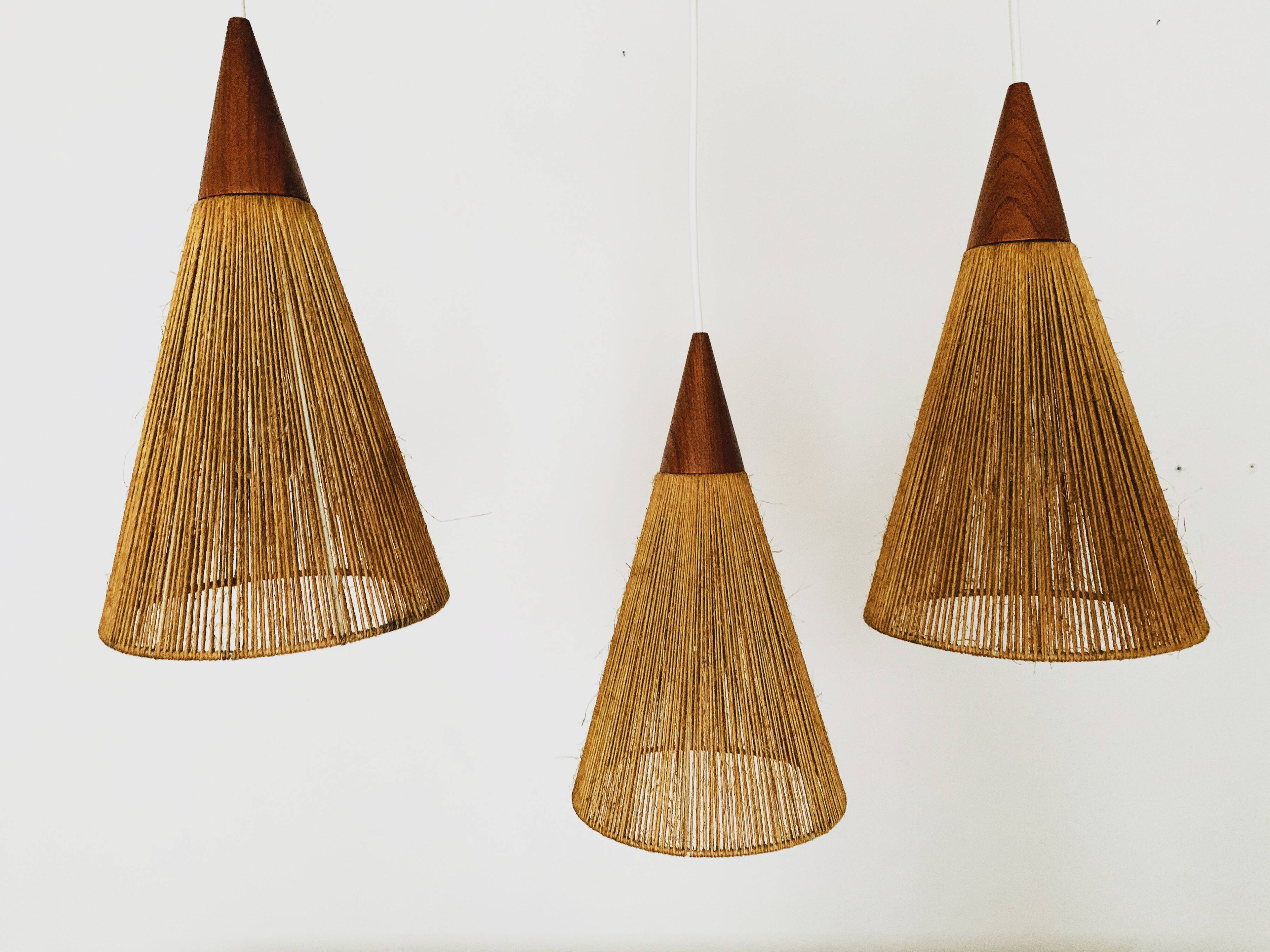 Teakwood and Sisal Cascading Lamp by Jean Rispal