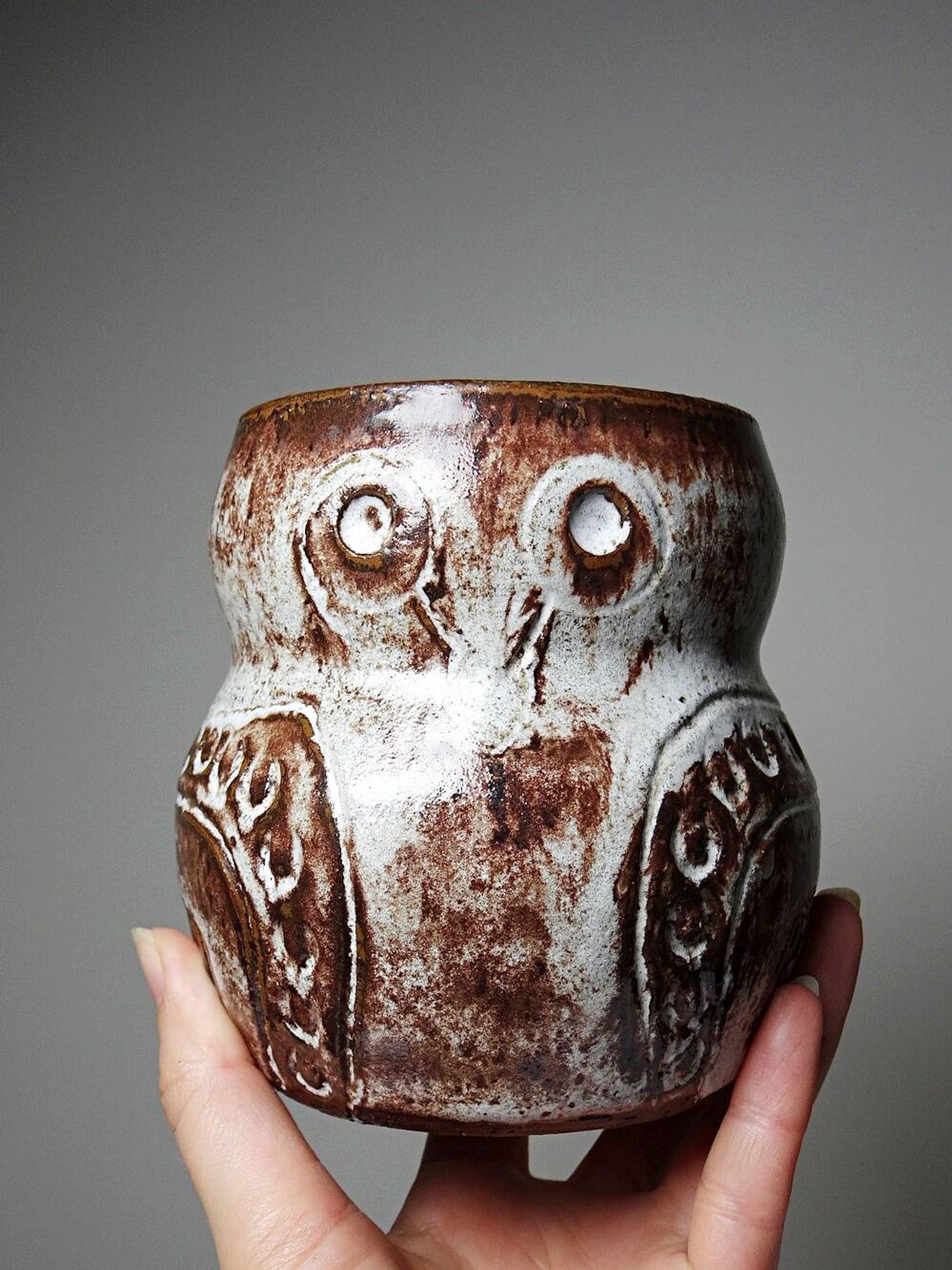 Vintage owl pot in glazed stoneware by Alain Granet, Vallauris 1960s-1970s.