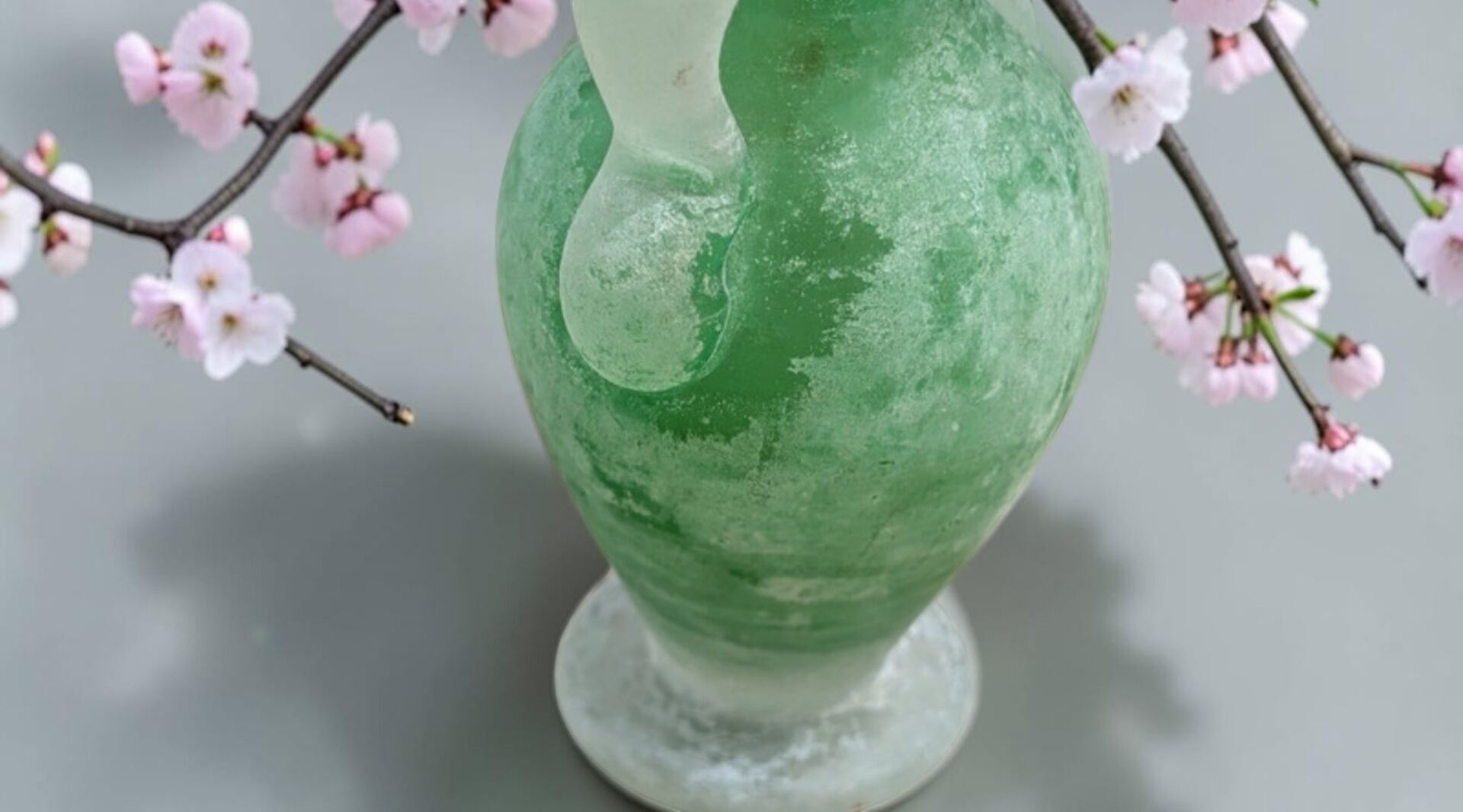 Small green Murano vase with handles – blown glass - "scavo" type