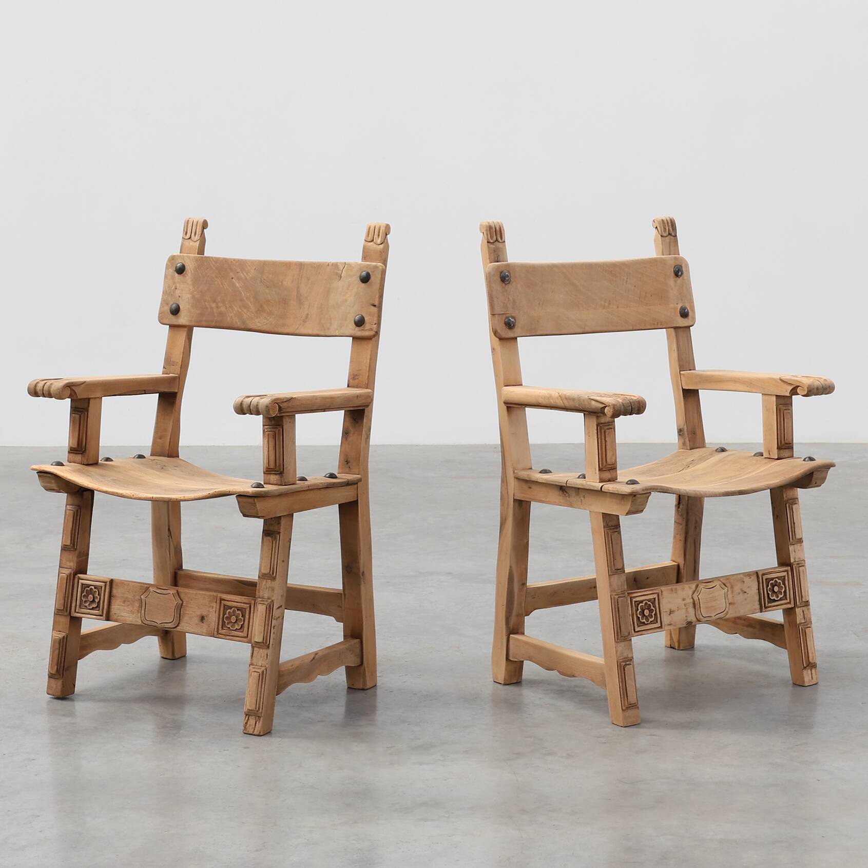 Pair of carved Brutalist Armchairs, Spain, 20th Century