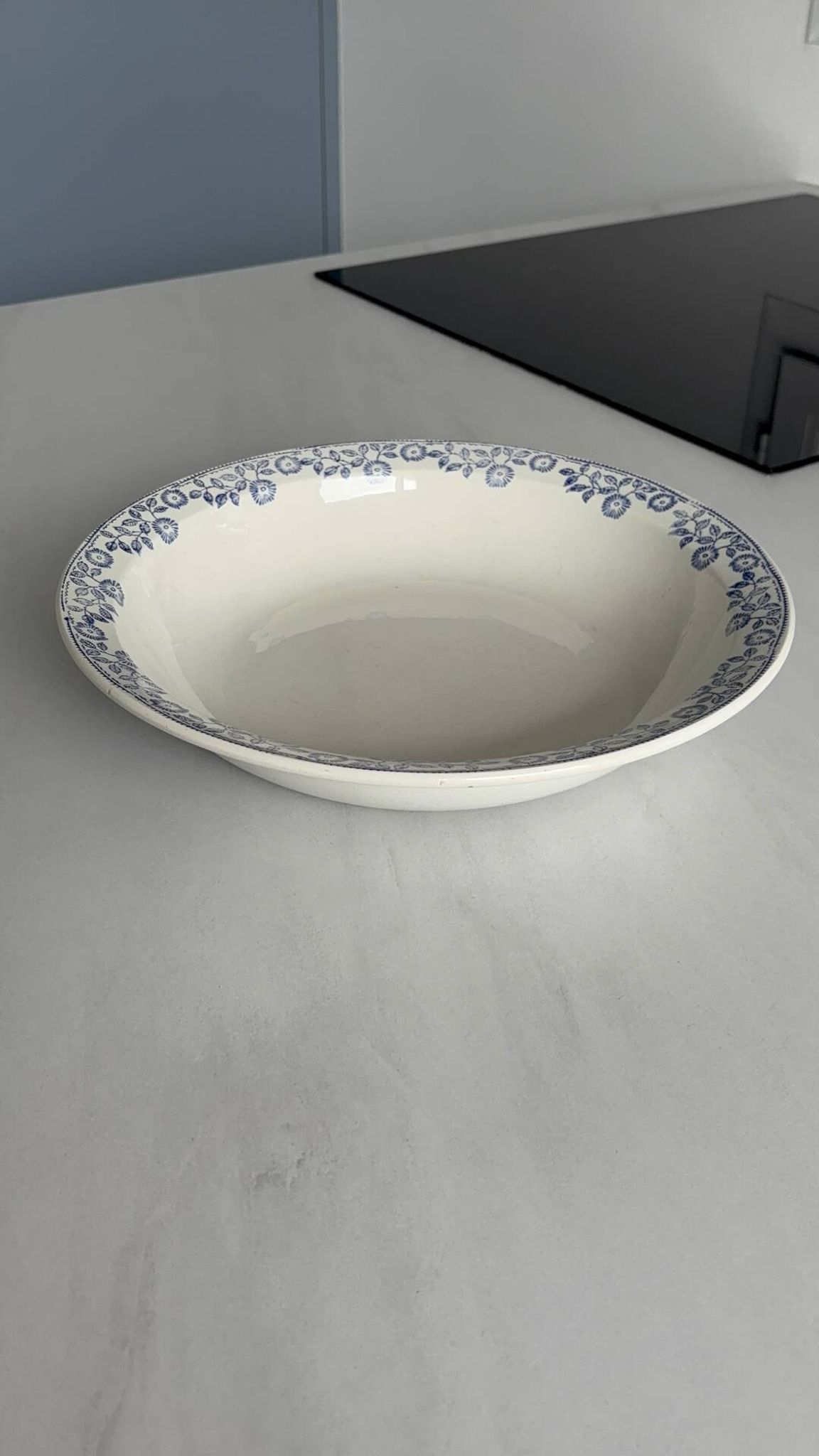 Large round salad bowl, antique blue St-Amandinoise ironstone plate.