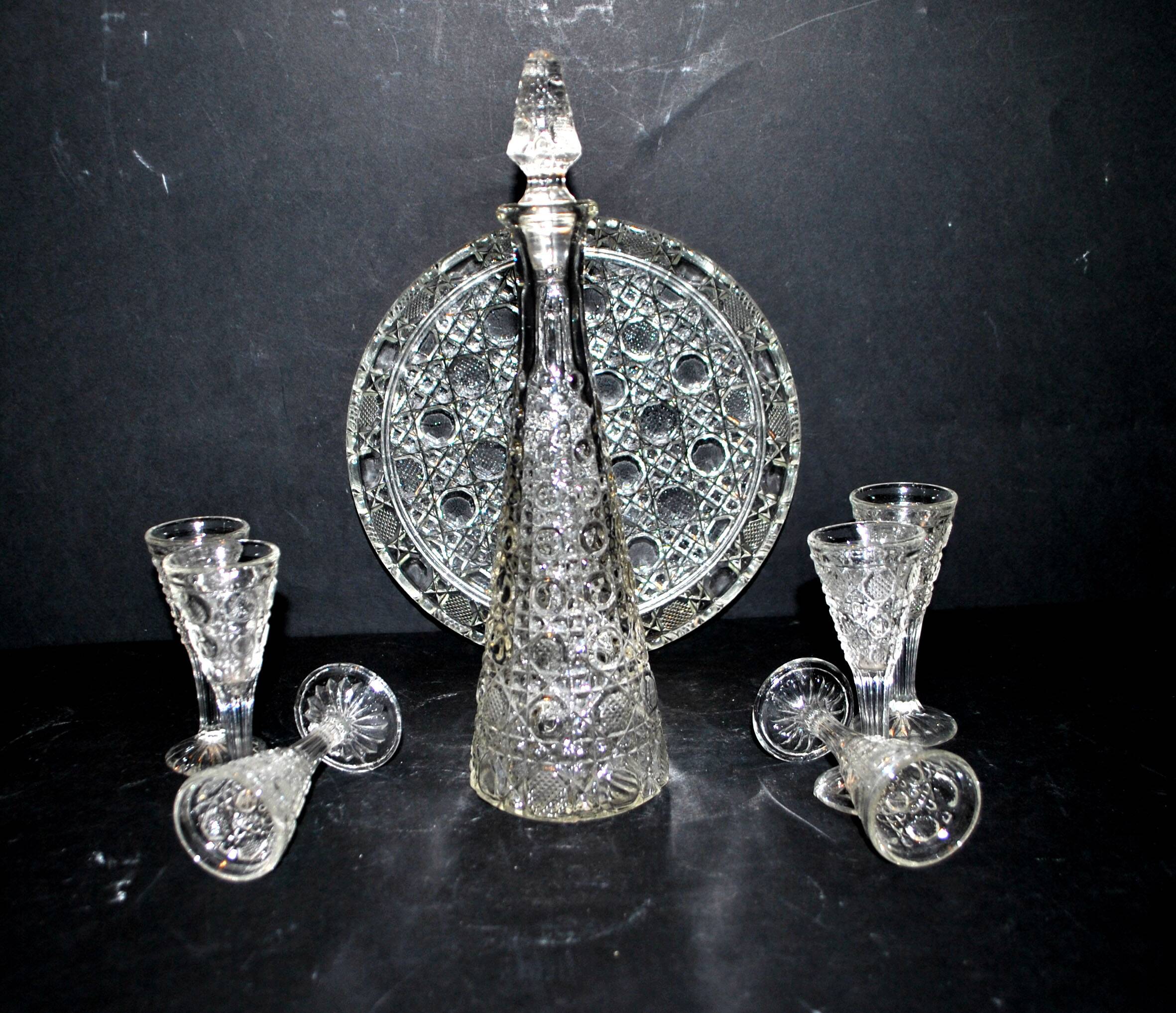 Old molded glass liqueur service GERMANY Fenne - set of 6 carafe glasses and tray