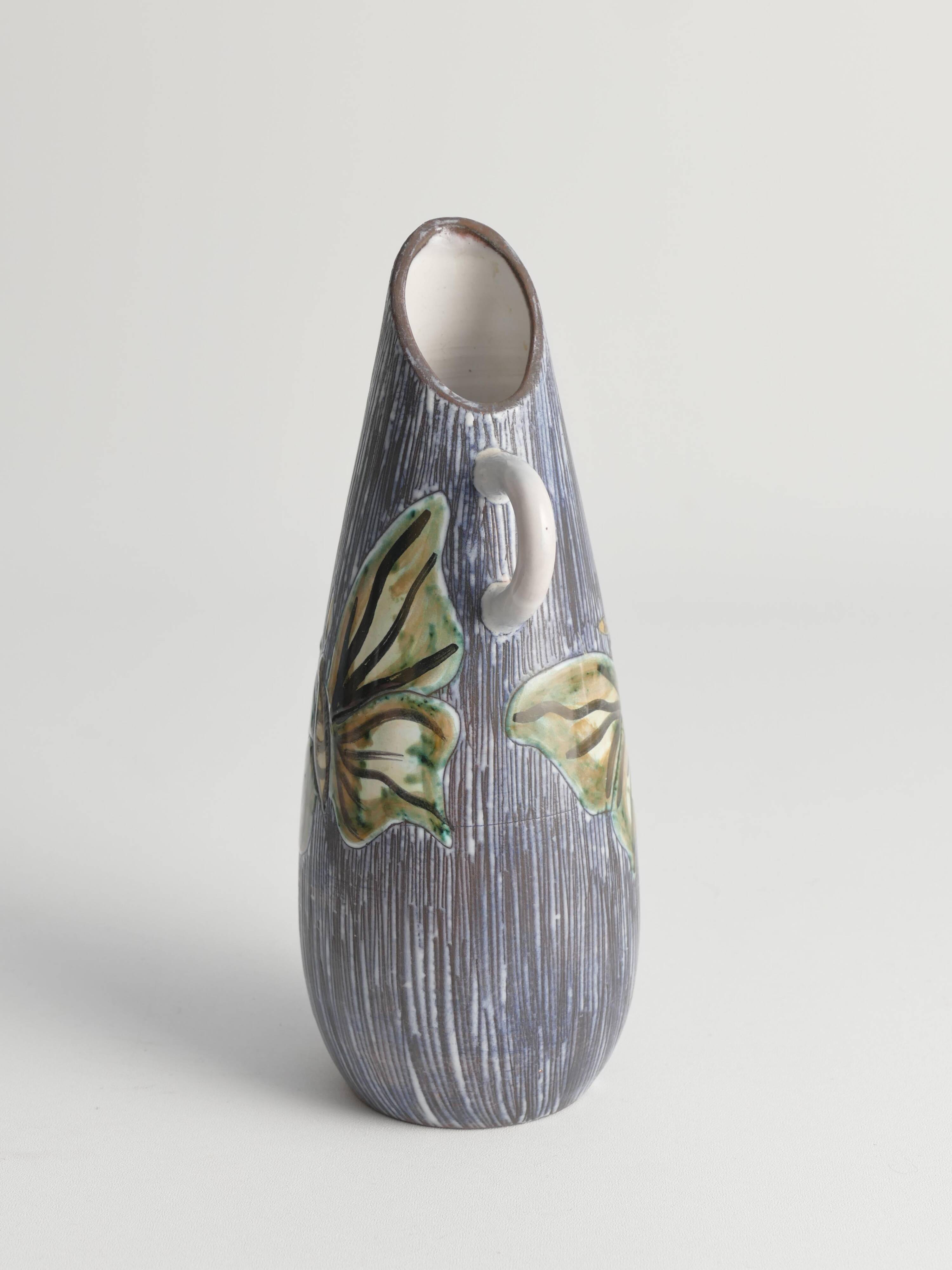Mid-Century Modern Stoneware Vase with Sgraffito and Butterflies. Sweden, 1950s