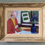 « Window Seat » moderne du milieu du siècle, peinture à l’huile intérieure figurative suédoise, encadrée
