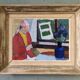 Mid-Century Modern "Window Seat", Swedish Figurative Interior Oil Painting, Framed