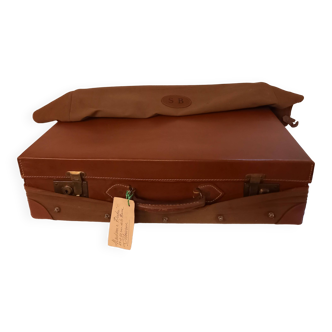 Old leather suitcase, saddle stitching, with monogrammed cover, 1930s/1940s.