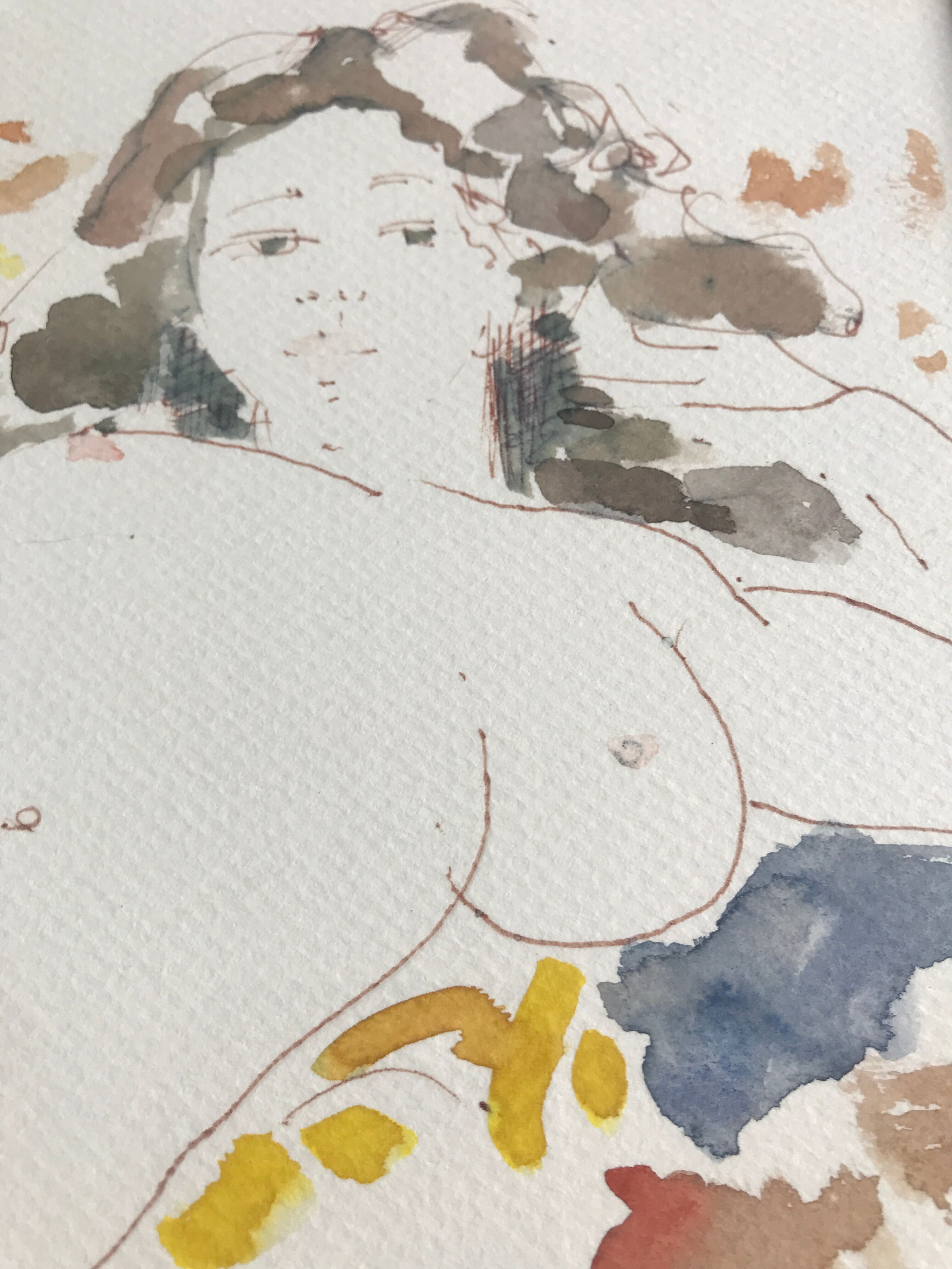 Watercolor in colors signed by alain bonnefoit, nude elongated, 2015