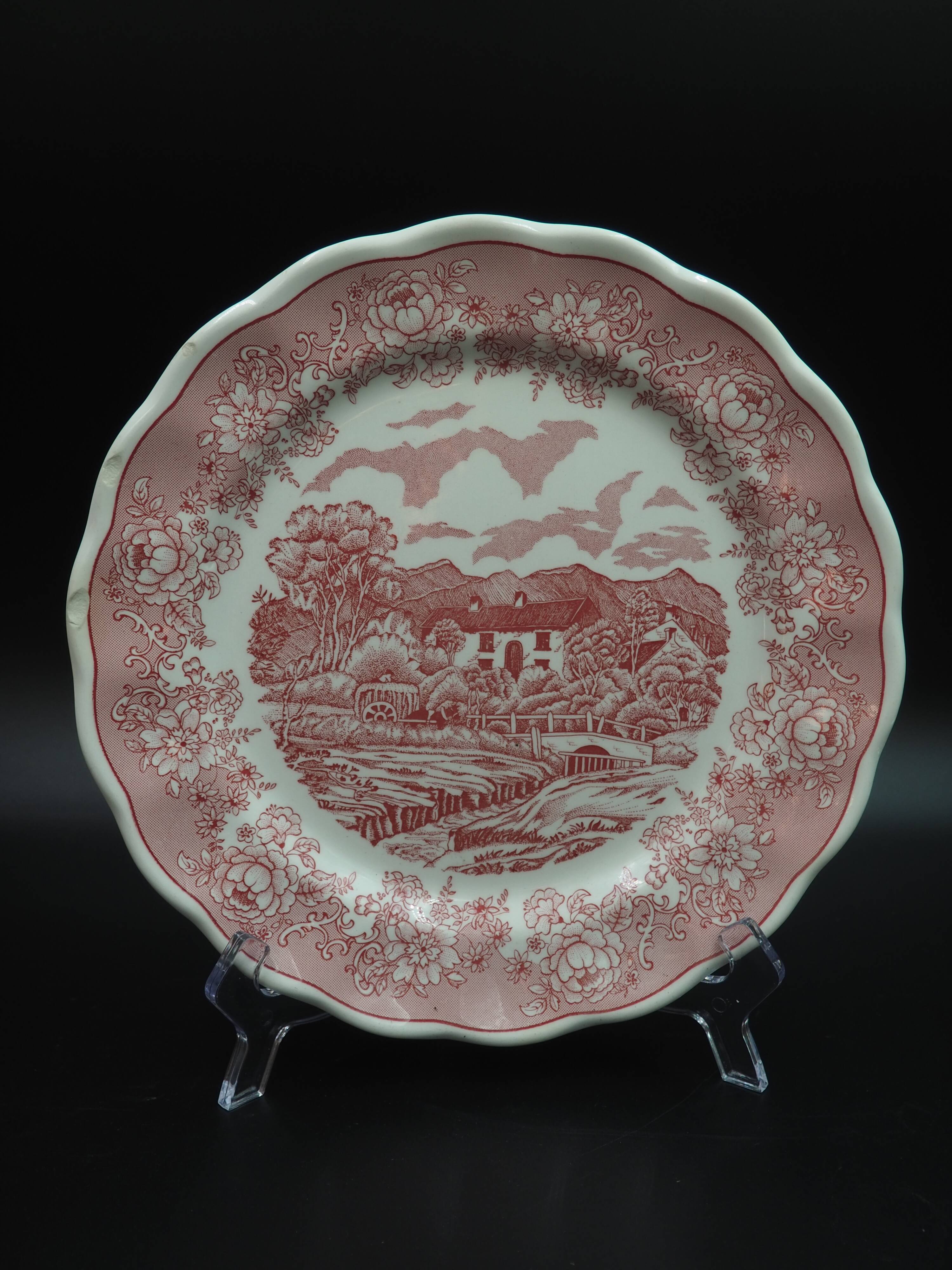 5 red English Landscape pattern dinner plates