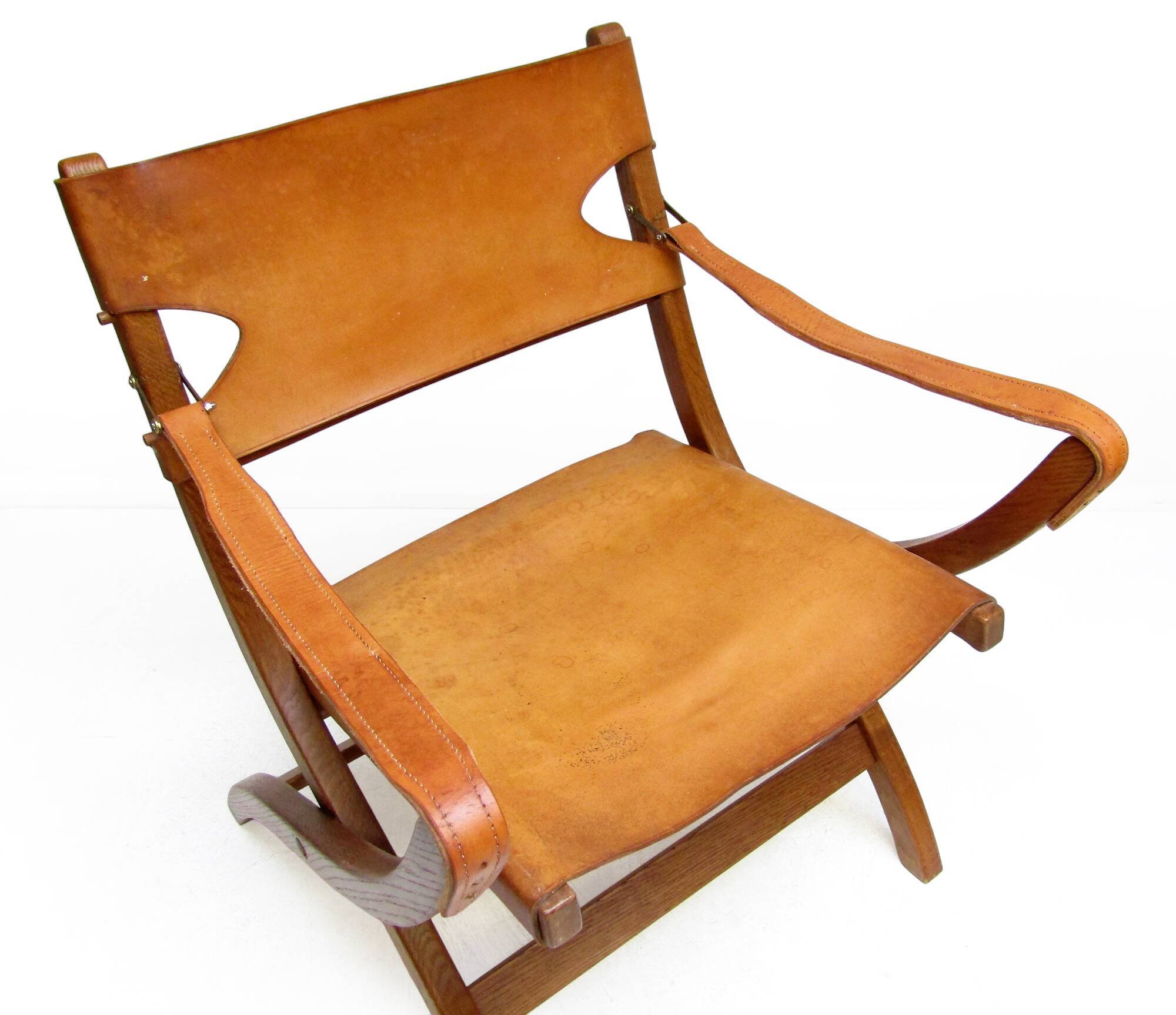 Two 1950s Danish Safari Chairs In Oak & Hide Leather by Poul Hundevad