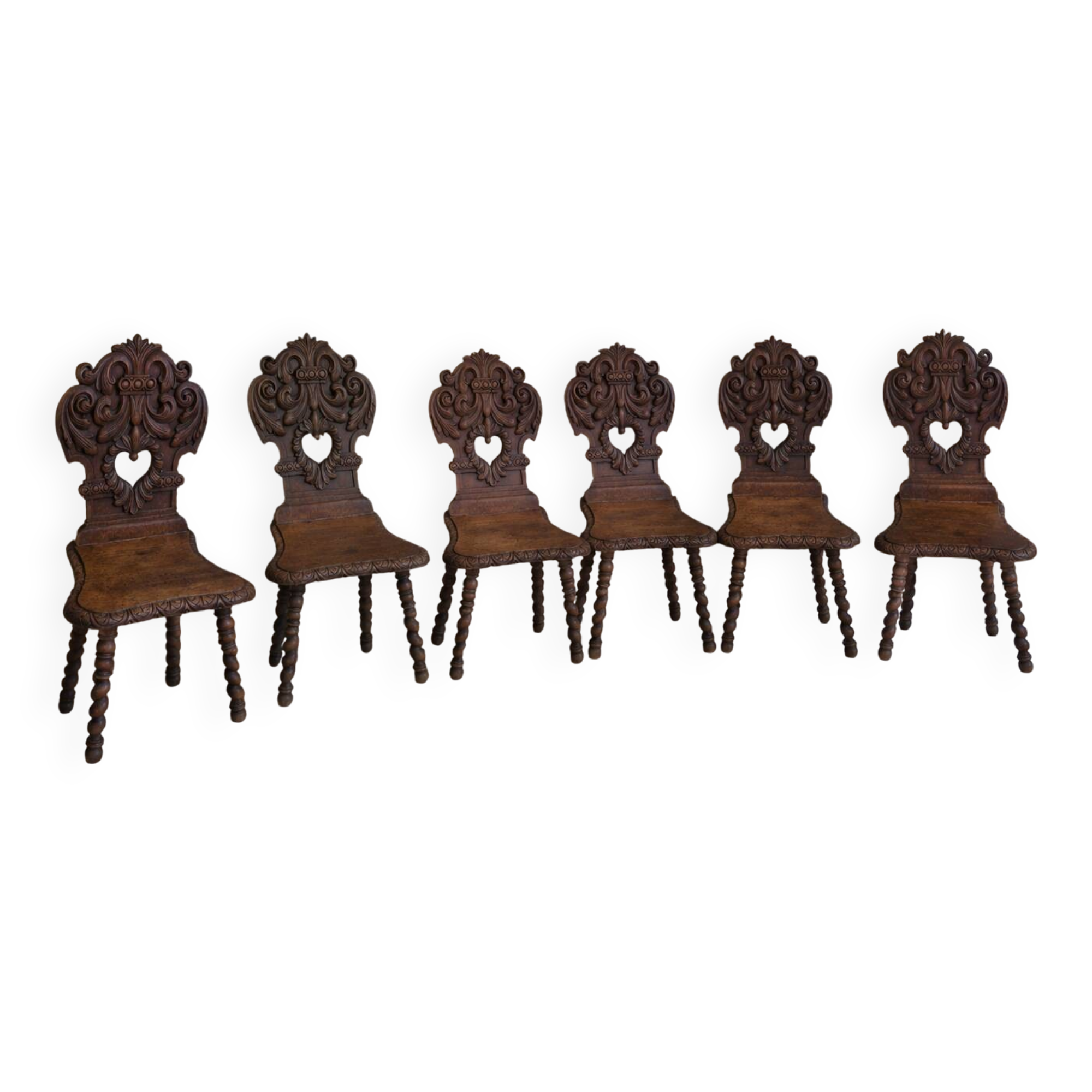 Set of 6 antique solid wood chairs in Henri II style.