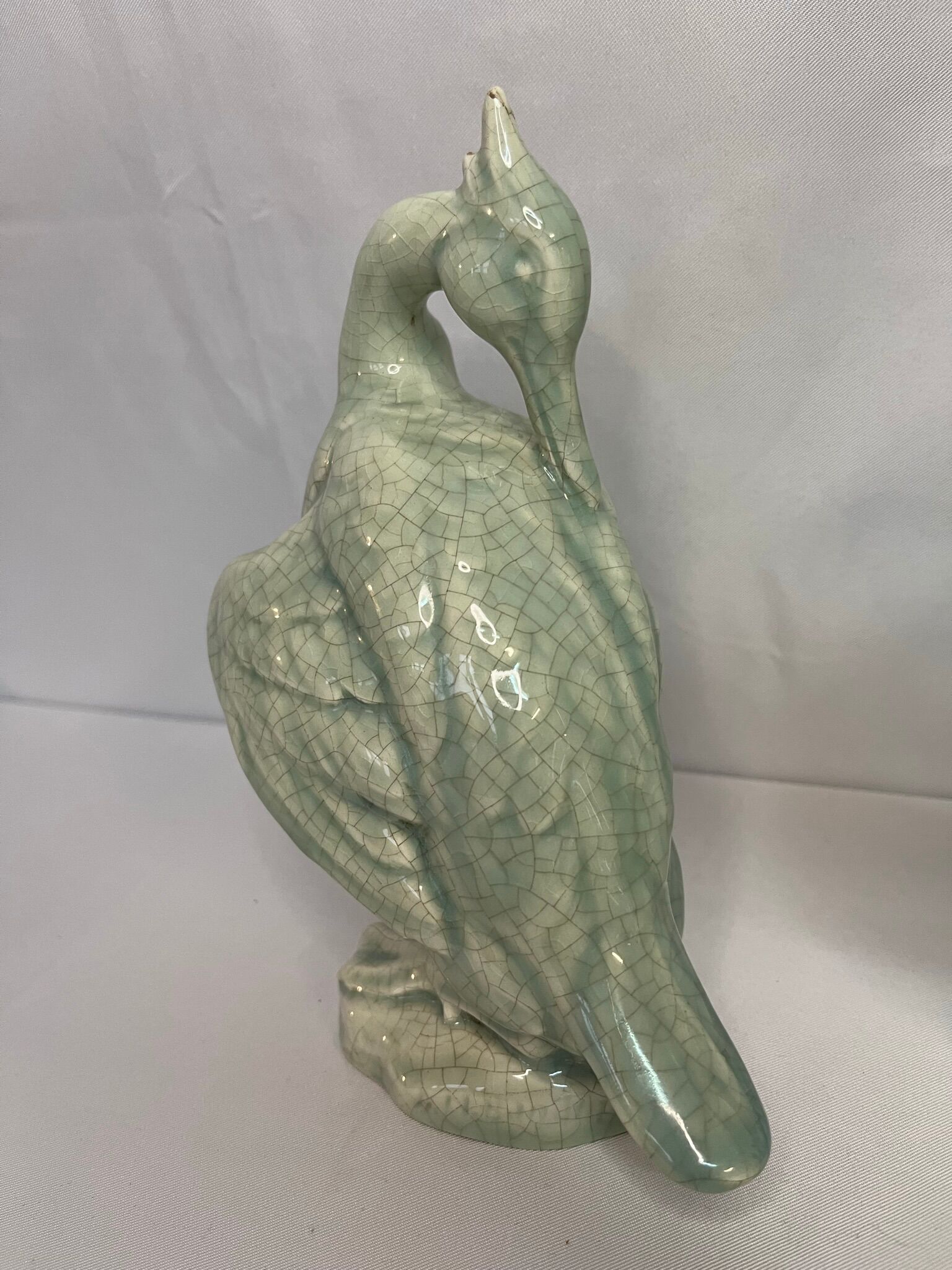 Art Deco Pair cormorants cracked ceramic signed circa 1940