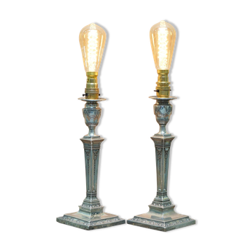 Pair of Corinthian candelabra lamps, sterling silver, James Bembridge 1879.