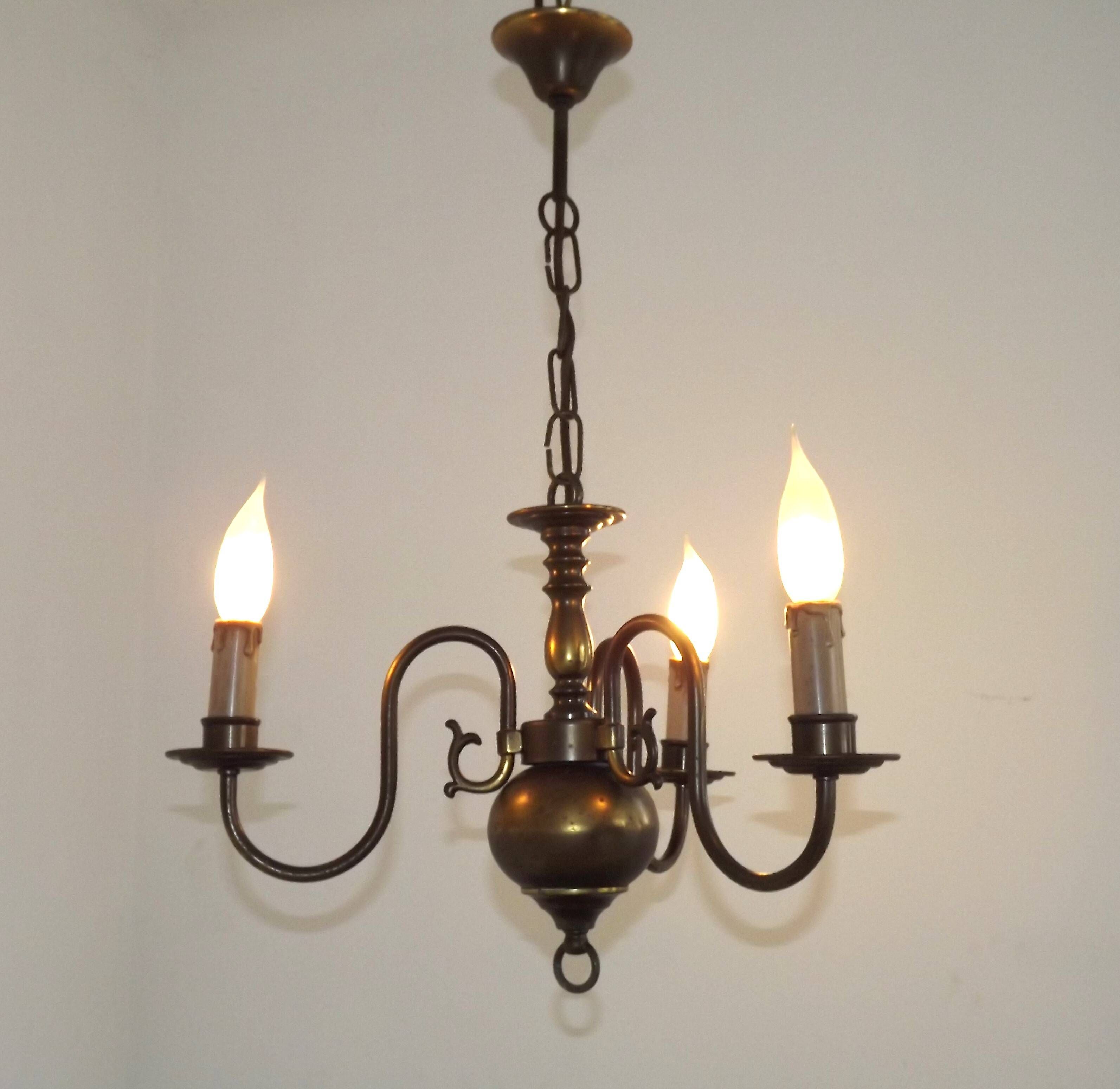 French Vintage Old Aged Bronzed Metal 3 Light Flemish Style Chandelier 4804