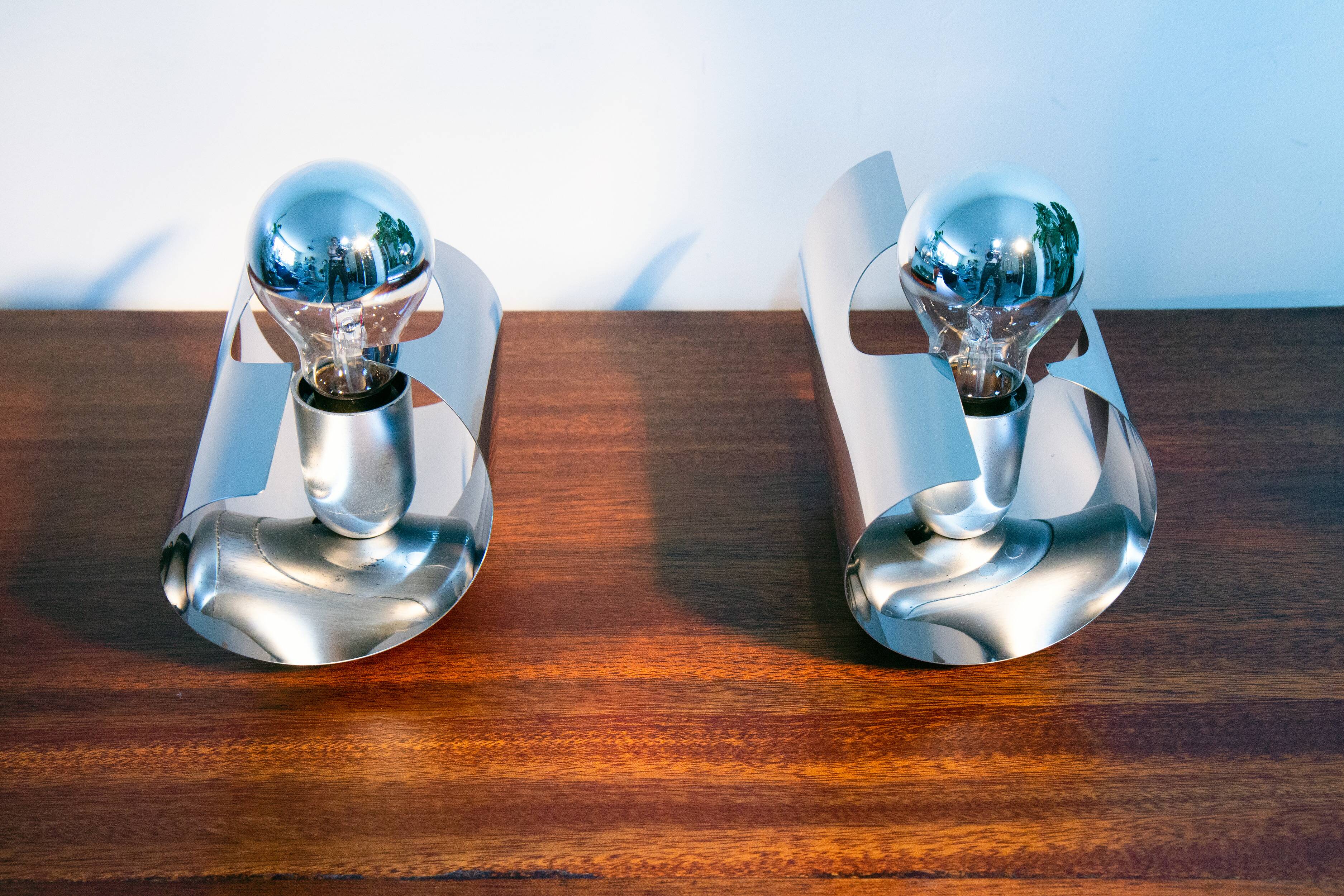 Pair of twisted wall lamps, chromed steel, year 70