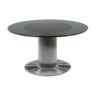 Table ronde en métal chromé et verre fumé, Gastone Rinaldi, années 1970