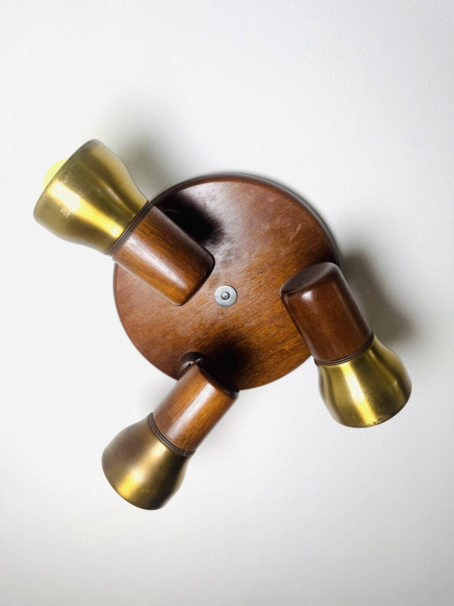 Model 837 Trio-Light Adjustable Ceiling Lamp In Wood And Brass By Temde Leuchten, Switzerland 1960S