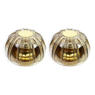 Pair of wall sconces or ceiling lights in brass and amber glass by Limburg, Germany, 1960s.