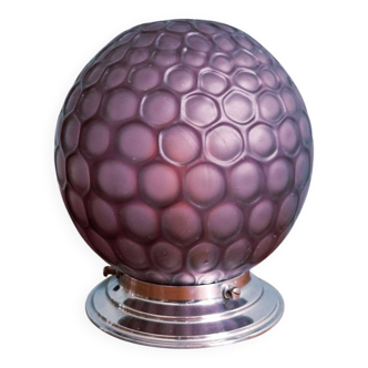 Art Deco ceiling light in frosted honeycomb glass, aubergine colour, 1930.