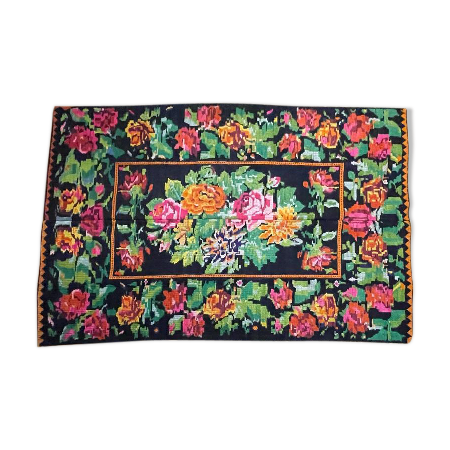 Floral handwoven carpet, colors on a black background - 262x160cm
