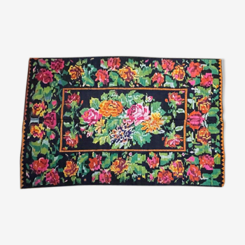 Floral handwoven carpet, colors on a black background - 262x160cm