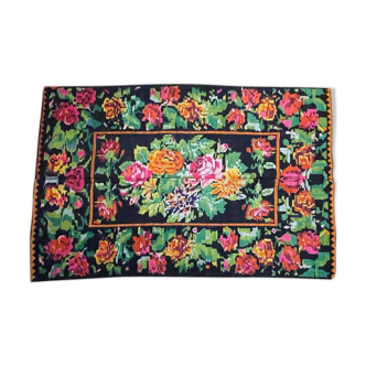 Floral handwoven carpet, colors on a black background - 262x160cm