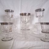 Set of 5 engraved Murano wine (or water) glasses, silver rim