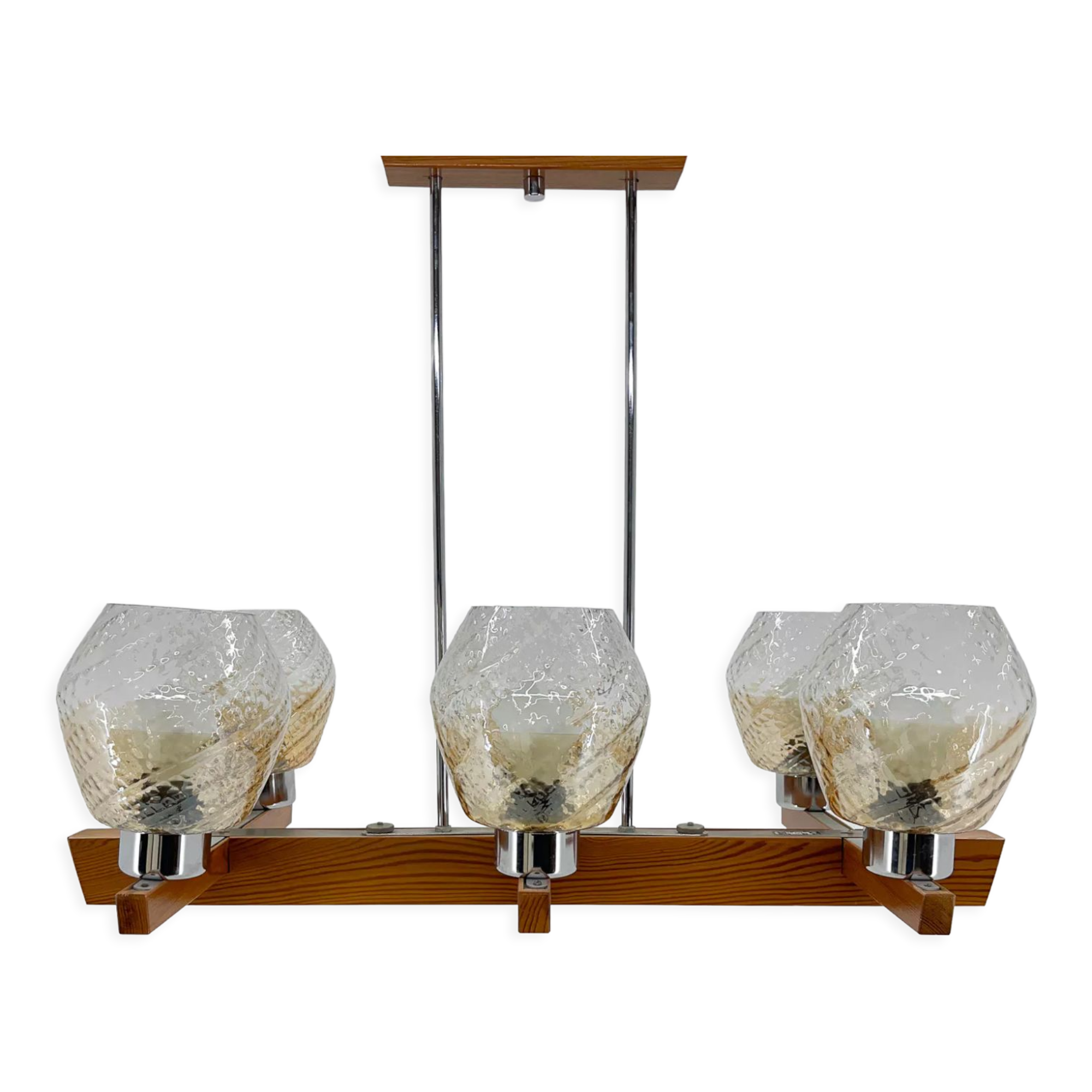 Lustre en bois, chrome et verre des années 1970 par Elektroinstala Decin, étiqueté