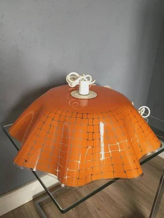 Polish ceiling lamp, orange hand-painted glass with wavy edge, 1970s-80s
