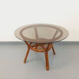 Vintage round smoked glass and rattan coffee table from the 70s