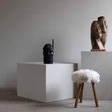 Danish mid-century tripod stool in beech, reupholstered in lambswool, 1960s.