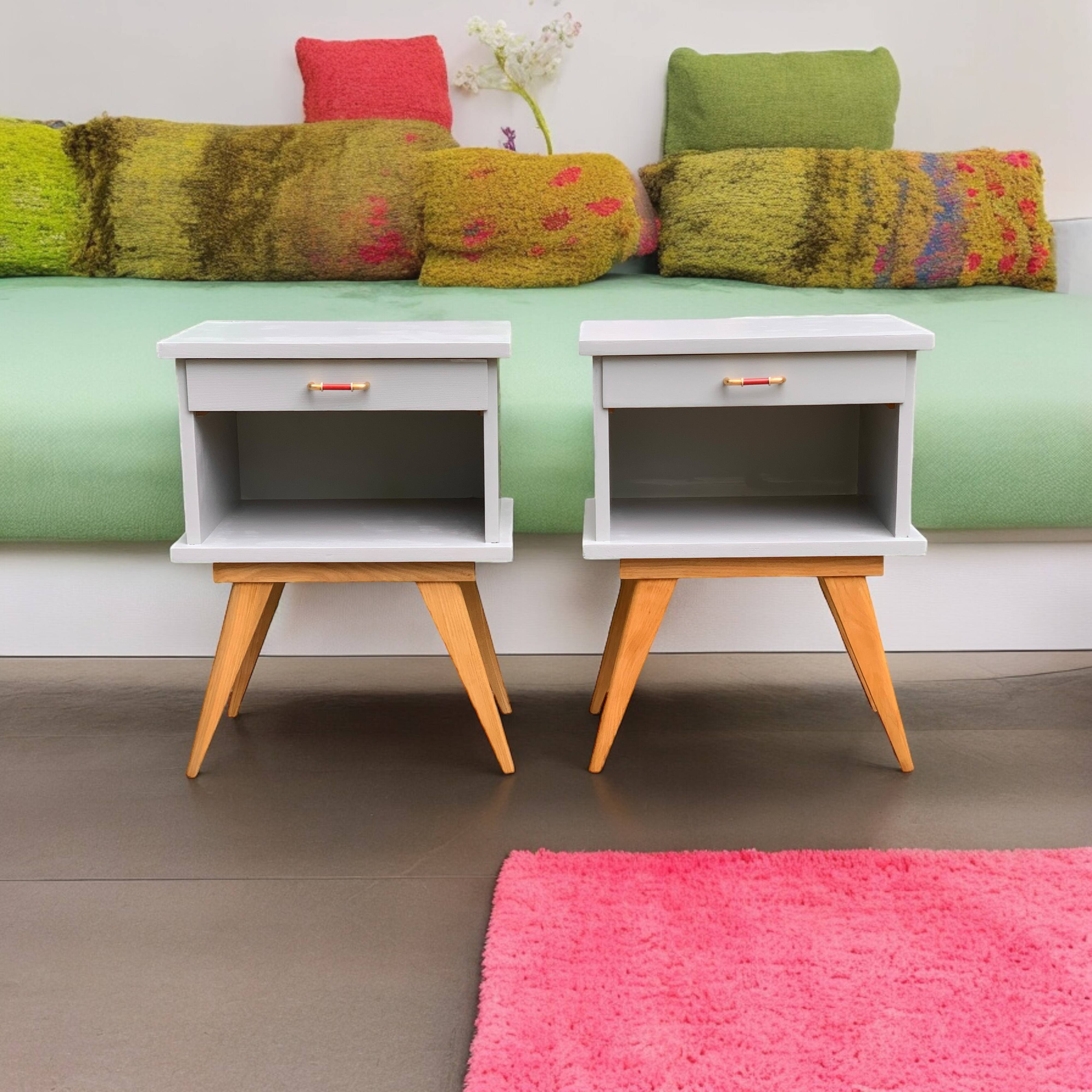 Pair of vintage 1950s compass foot bedside tables