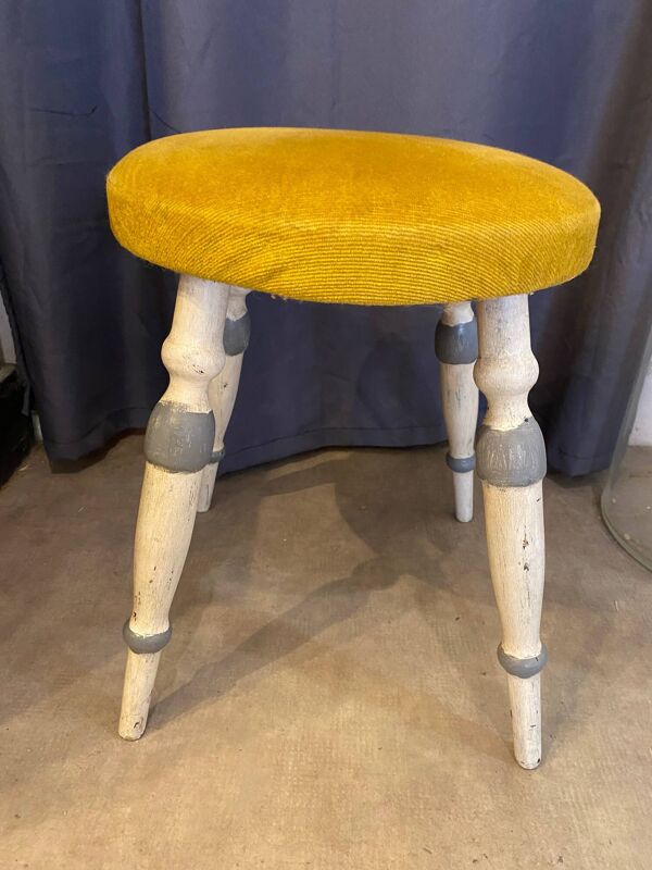 Ancien tabouret debut xxeme pieds bois et assise ronde capitonnee