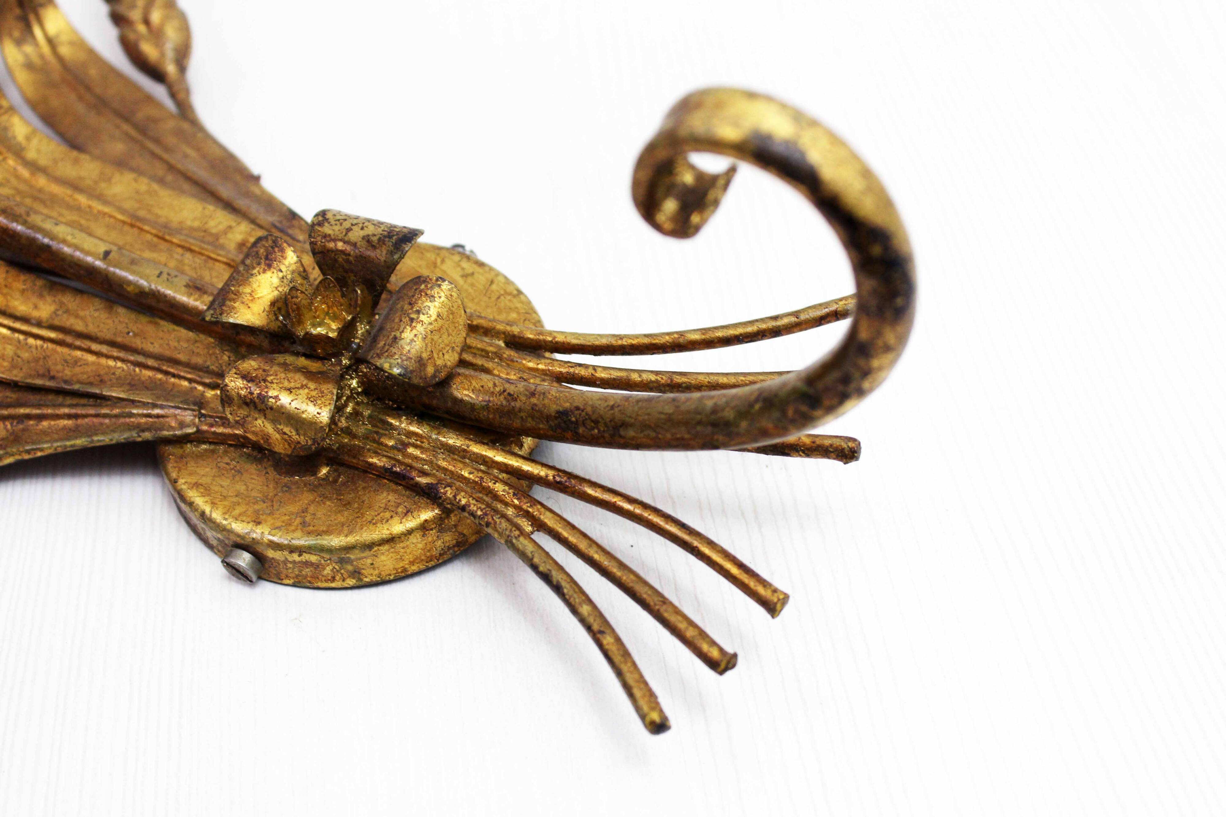 Gold leaf gilded metal wheat sheaf wall light 1950