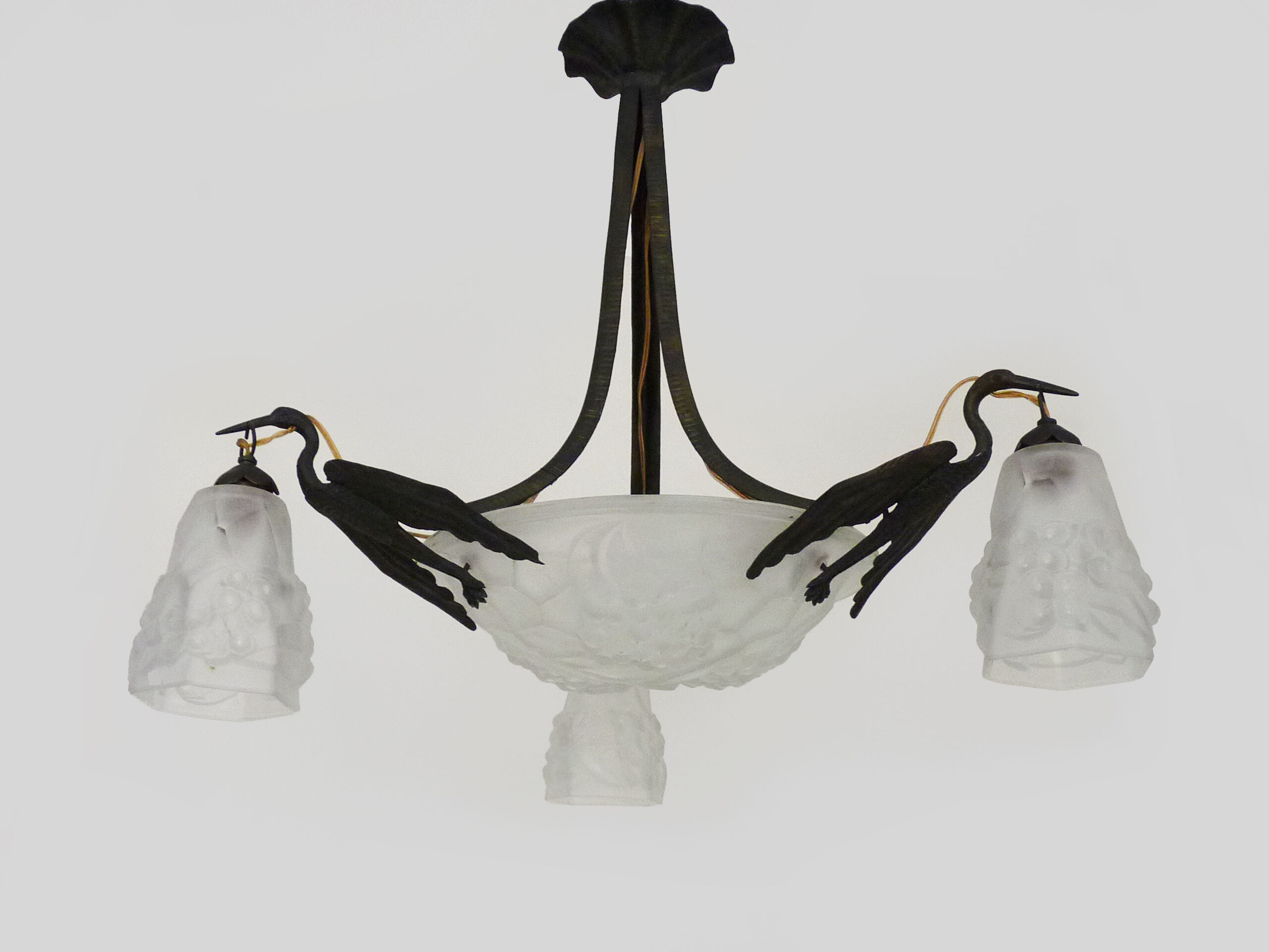 Art deco wrought iron chandelier - signed ros (degué) decoration birds