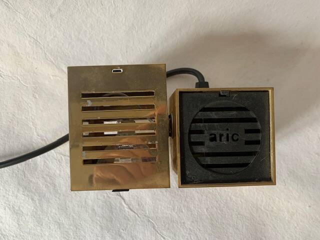 Old spot lamp, square, golden, to table, Aric cubes 70s