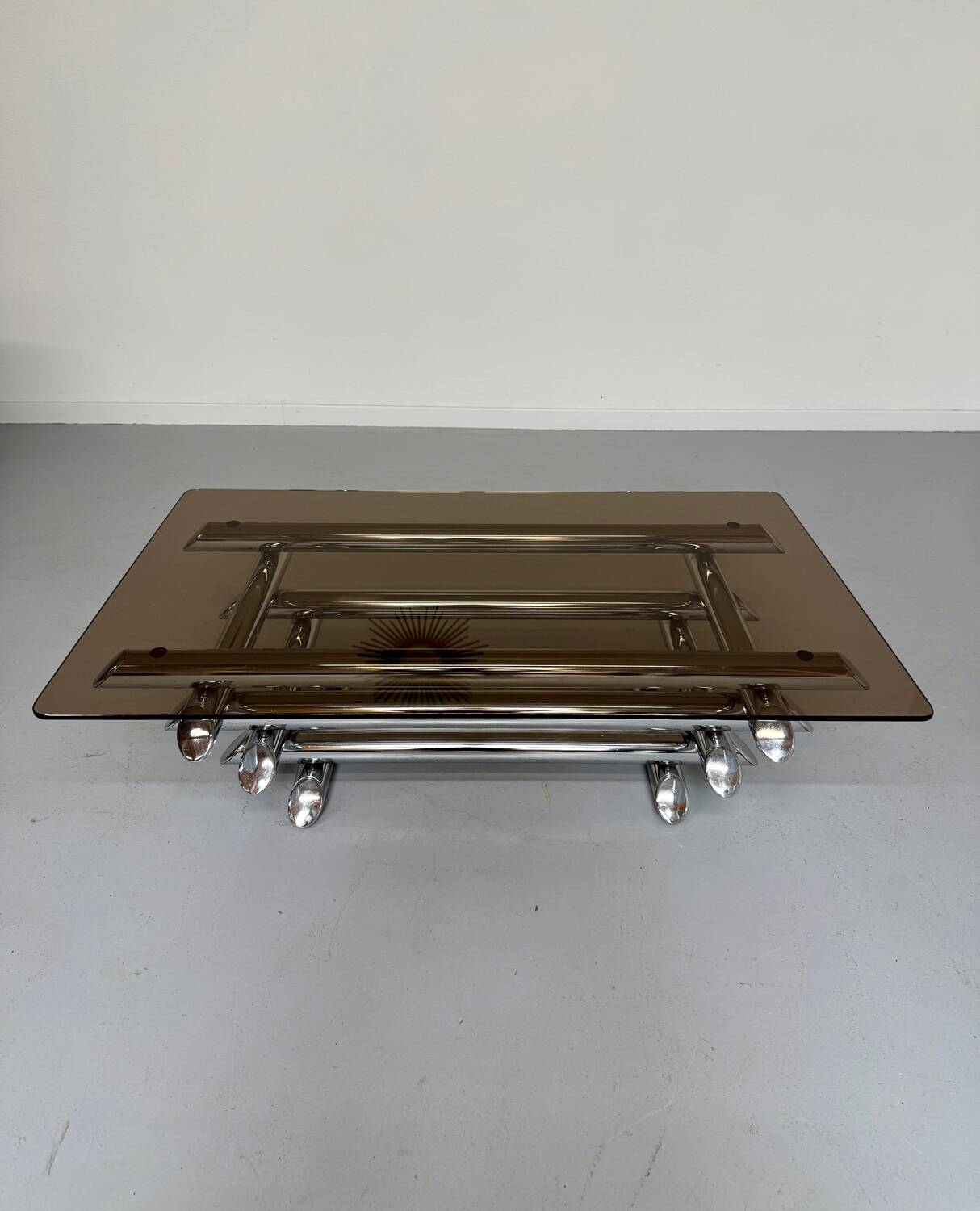 Space coffee table from the 70s, tubular metal and glass, Italian design