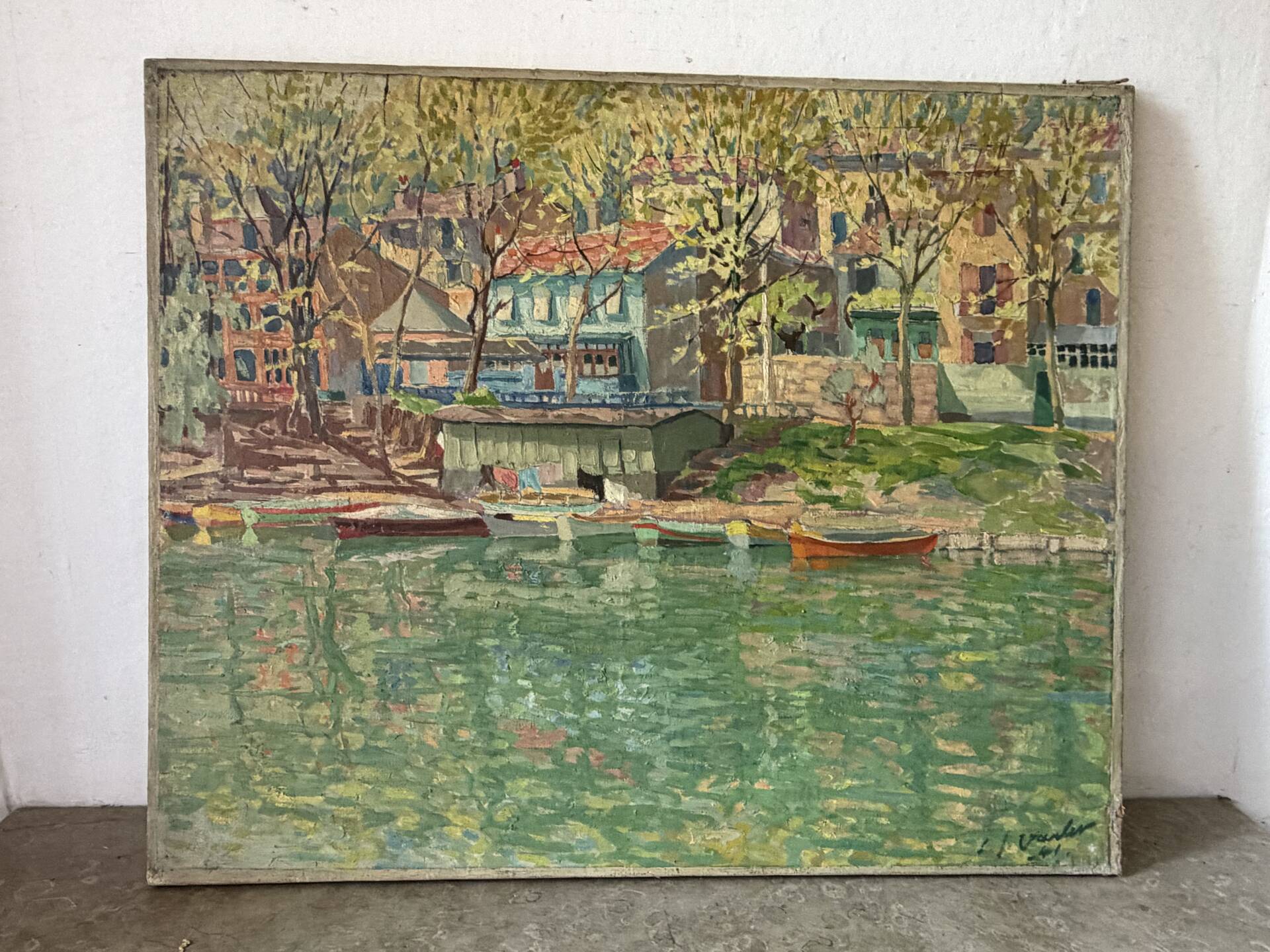 "The guinguette at noon" oil on canvas signed LJ Varlet 1941