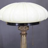 1940s restored brass table lamp with wooden base and glass shade