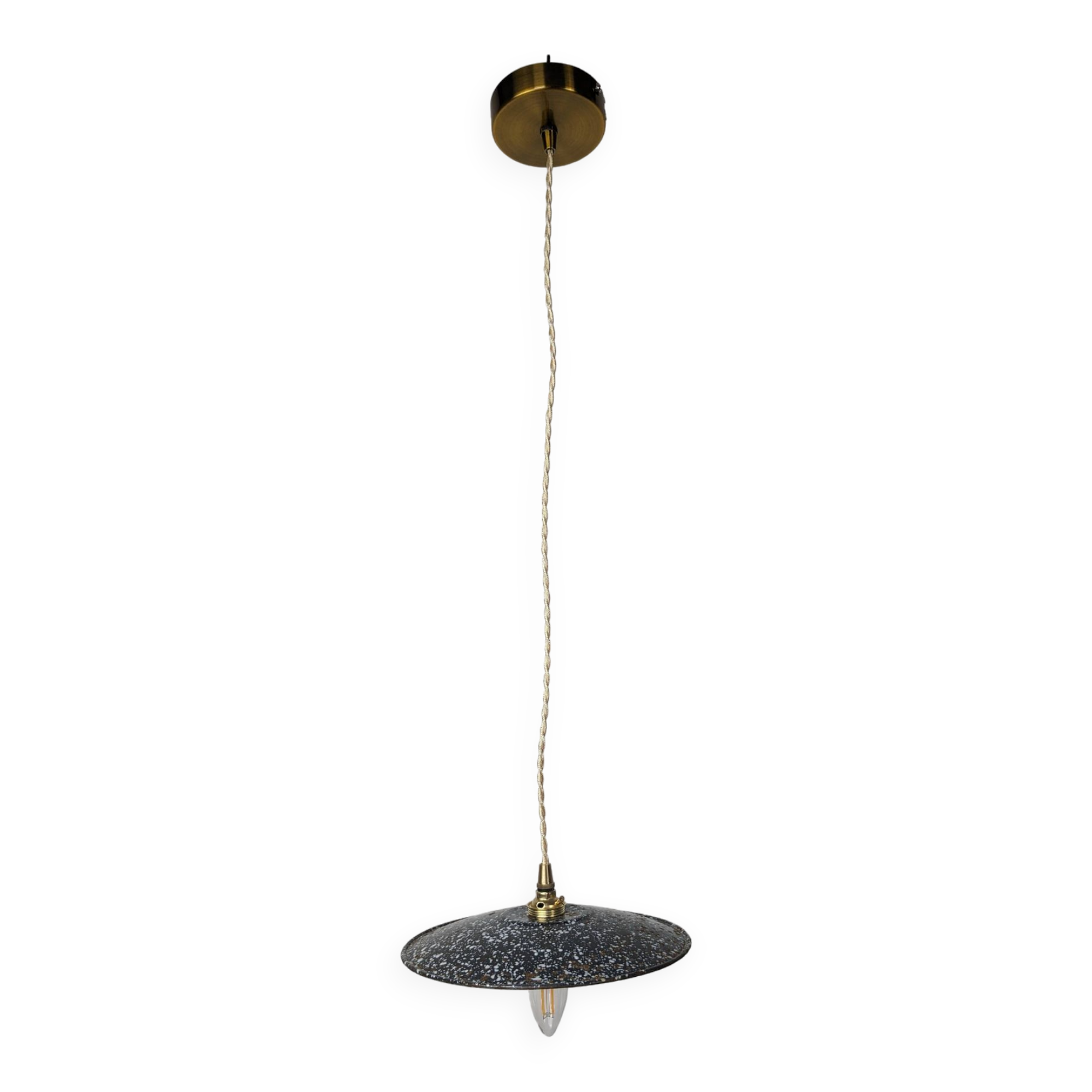 Vintage industrial pendant lamp in black sheet metal with enamelled white dots