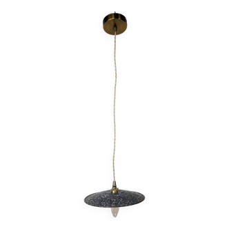 Vintage industrial pendant lamp in black sheet metal with enamelled white dots